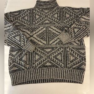 Geometric Patterned Gray Turtleneck Sweater Black/gray Aztec Print M Warm Cozy